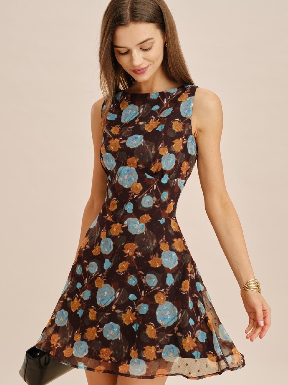 RIHOAS Brown Floral Mini Dress with Blue and Amber Blooms - Picture 4 of 6